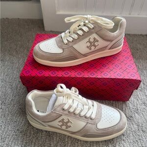 Tory Burch Cream and Tan Clover Court Sneakers